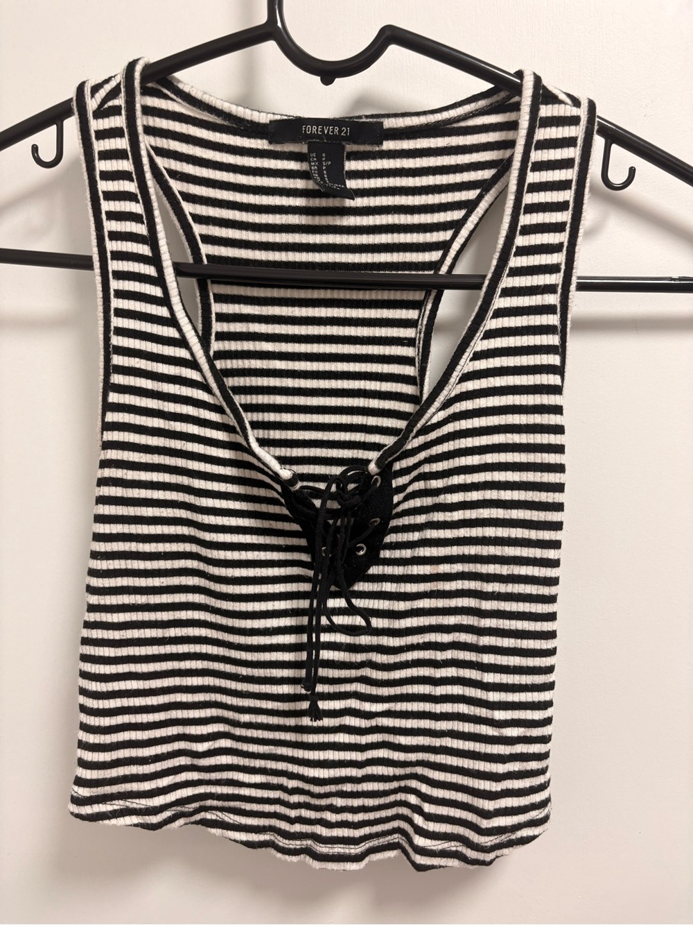 Forever 21 Black and White Striped Lace-Up Ribbed Tank